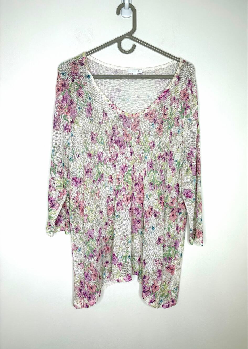 J. Jill Linen Blend Tunic Knit Top XL Floral Watercolor Coastal Cottage Garden